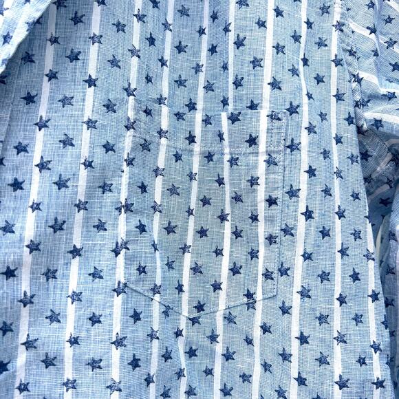 Frank & Eileen Barry Linen Button Down Blue Stars Stripes Small Shirt - Picture 7 of 8